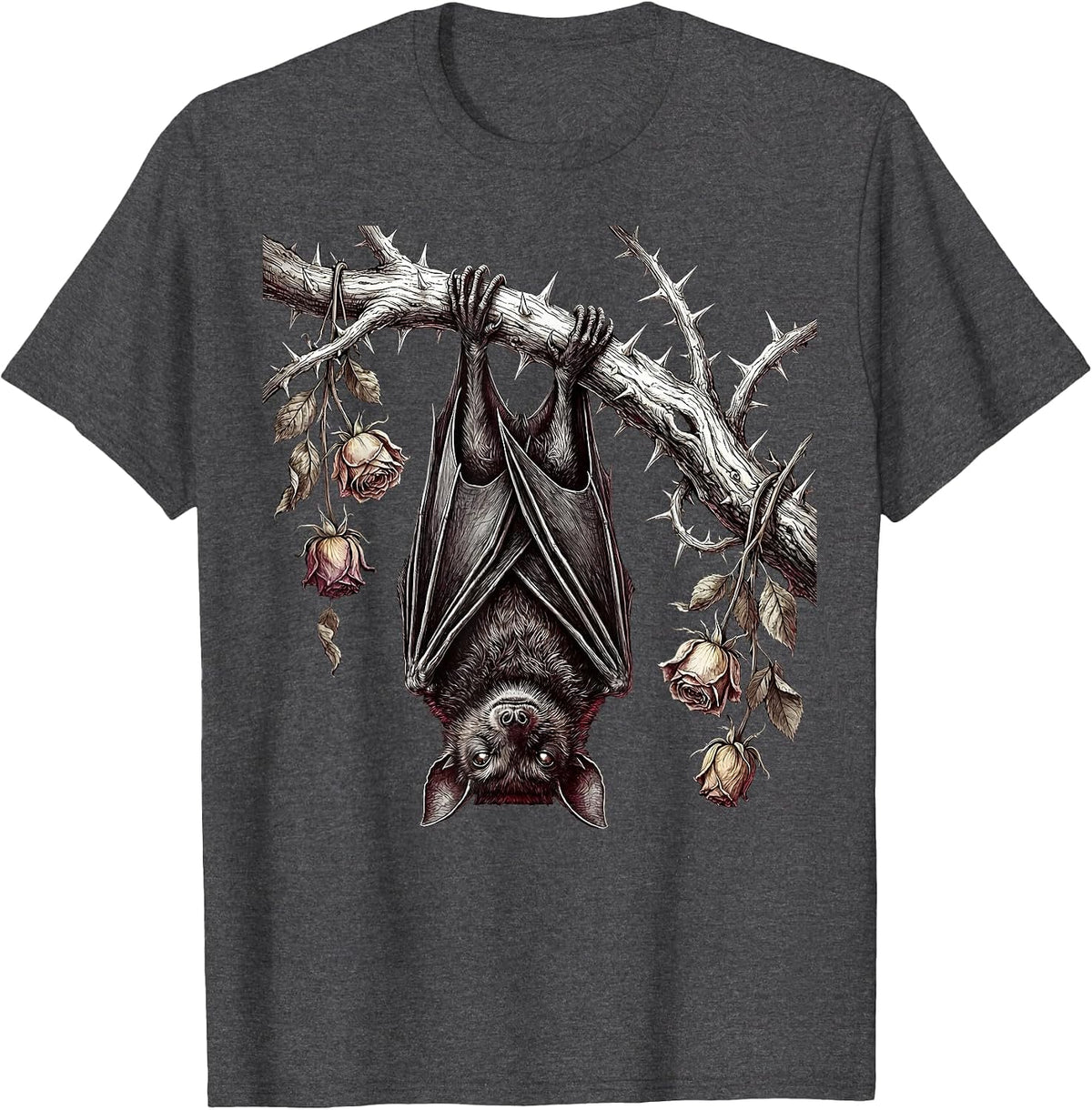 Emo Bat on Thorn Branch Gothic Illustration T-Shirt - Dark Heather Grey