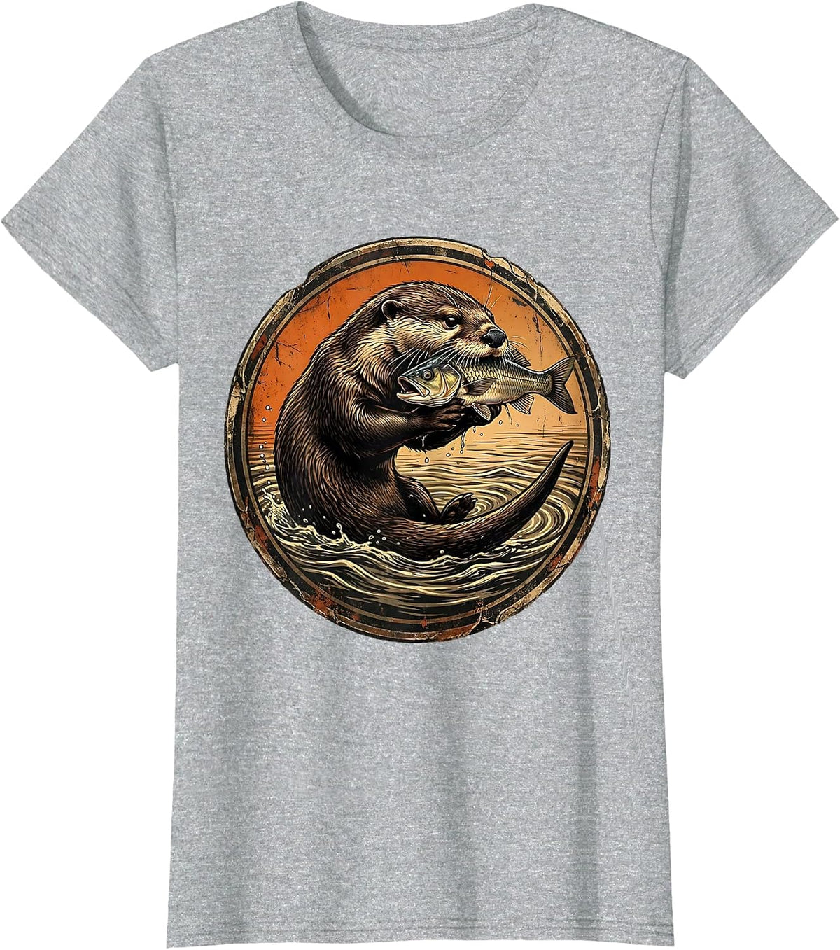 Venezuela Giant River Otter With Fish Illustration T-Shirt - Heather Grey