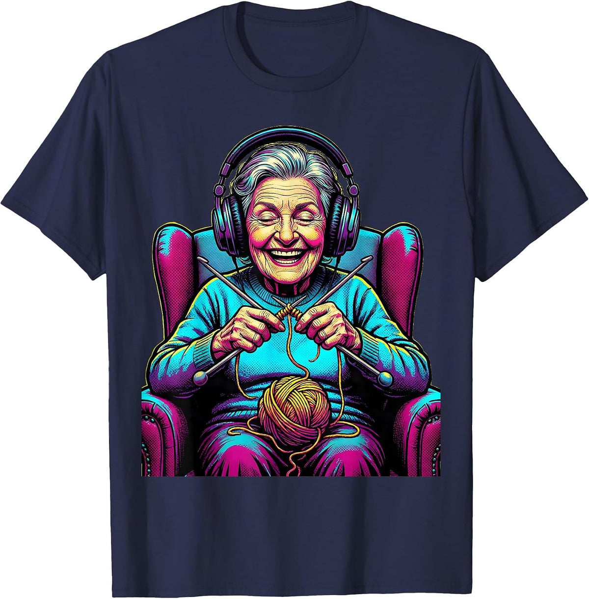Men's Grandma Knitting With Headphones On Graphic T-Shirt - Navy Blue