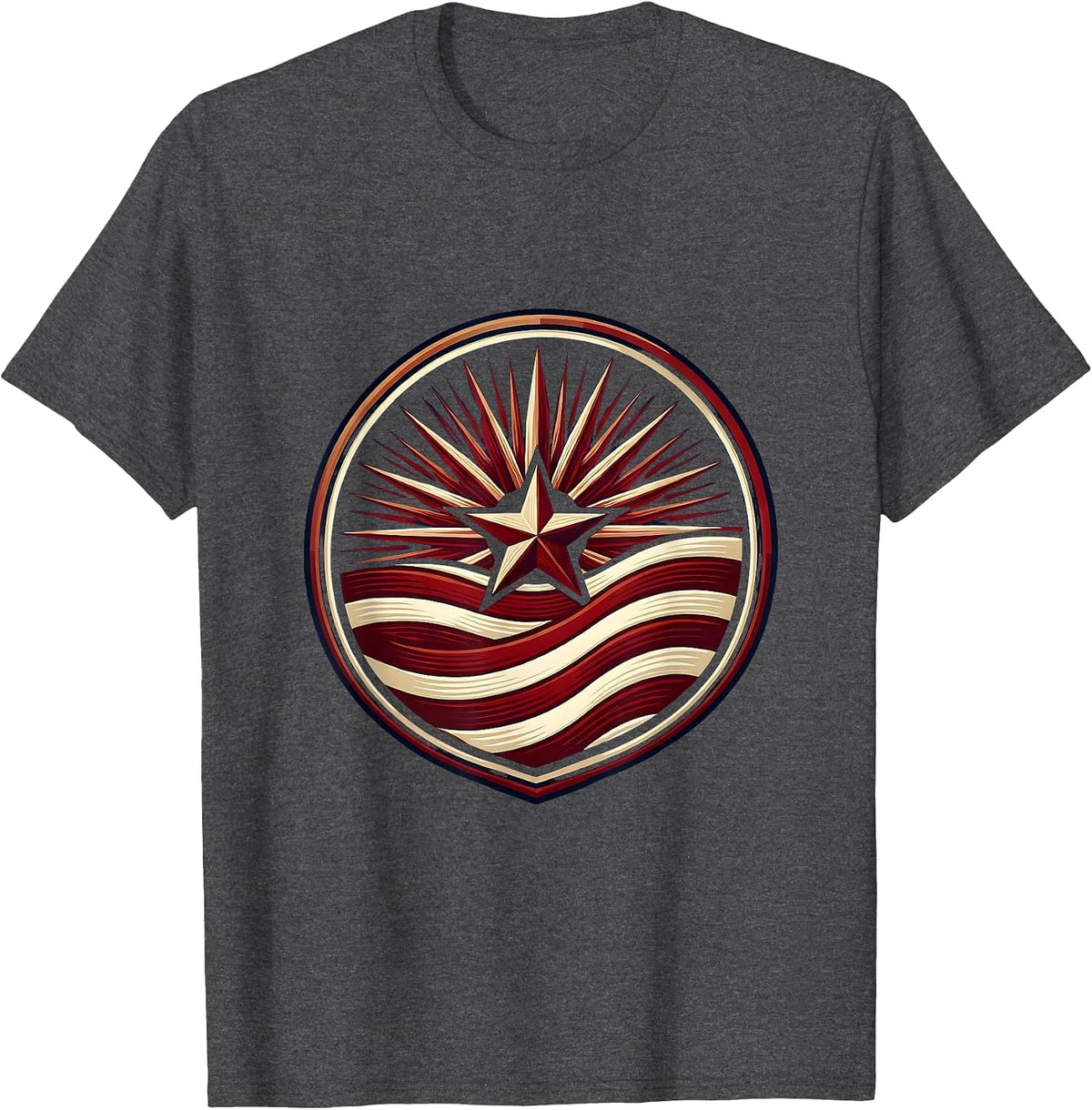 Men's Red White and Blue Sunburst Waving Flag Stripes T-Shirt - Dark Heather Grey