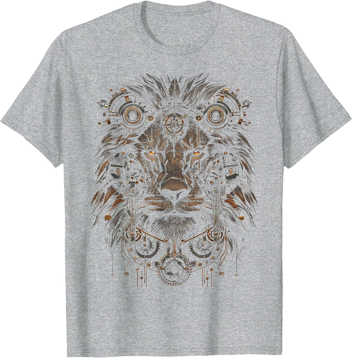 Steampunk Lion Bronze and Black Artwork Graphic T-Shirt - Heather Grey