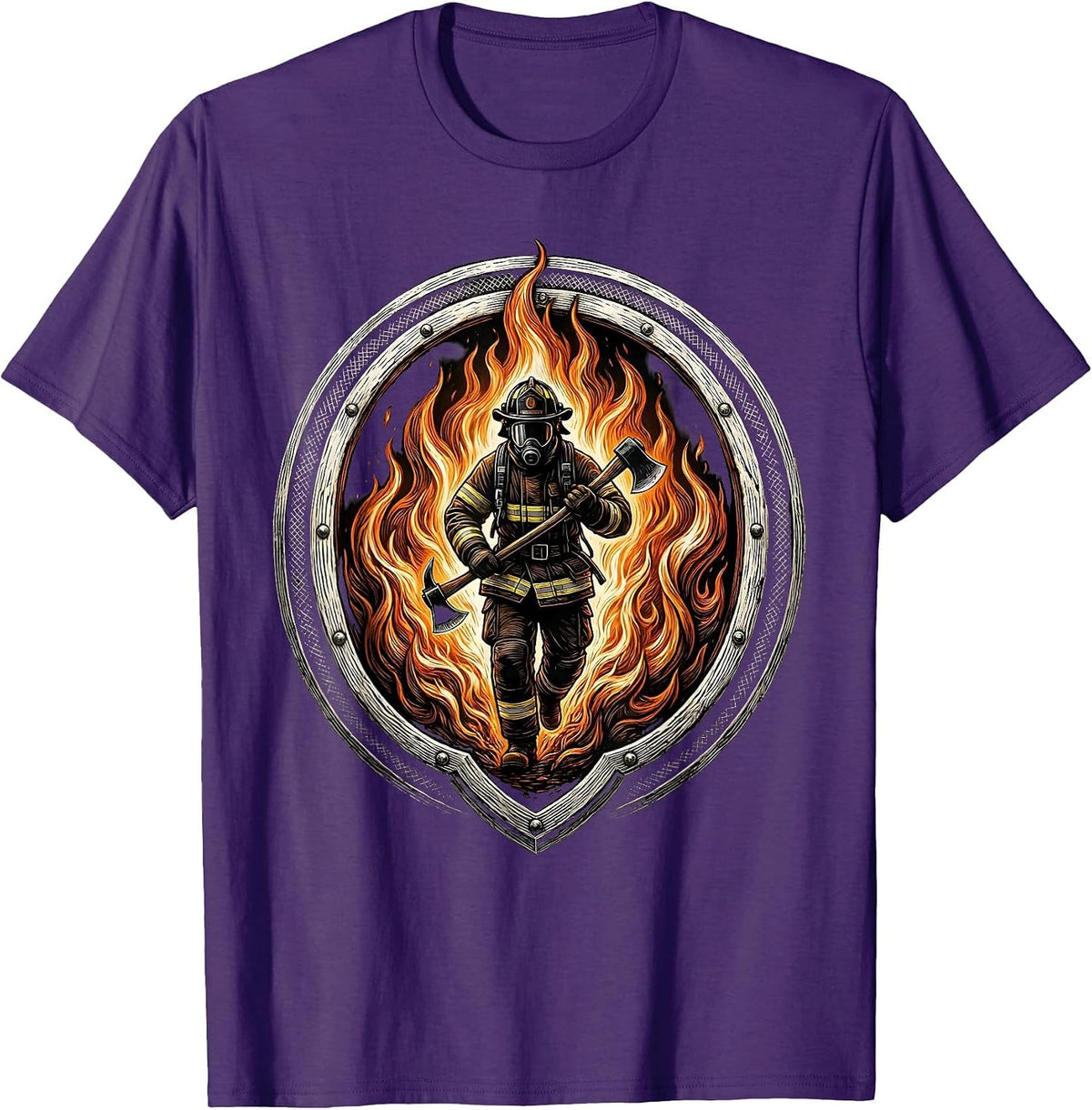 Men's Firefighter Silhouette Walking Through Flames T-Shirt - Purple