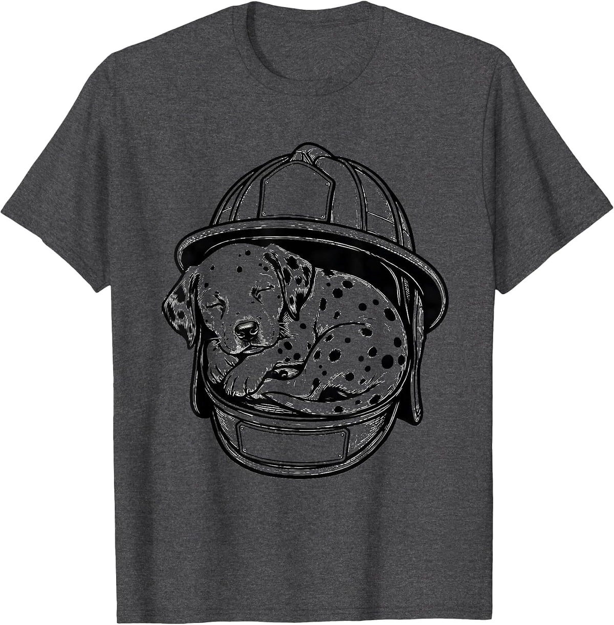 Sleeping Dalmatian Puppy in Firefighter Helmet T-Shirt - Dark Heather Grey