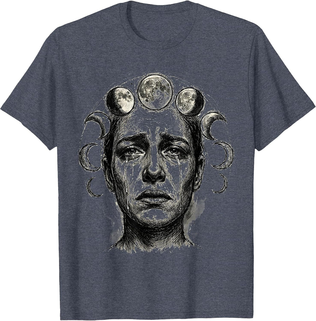 Moon Phases Weeping Portrait Emo Graphic Tee T-Shirt - Heather Blue