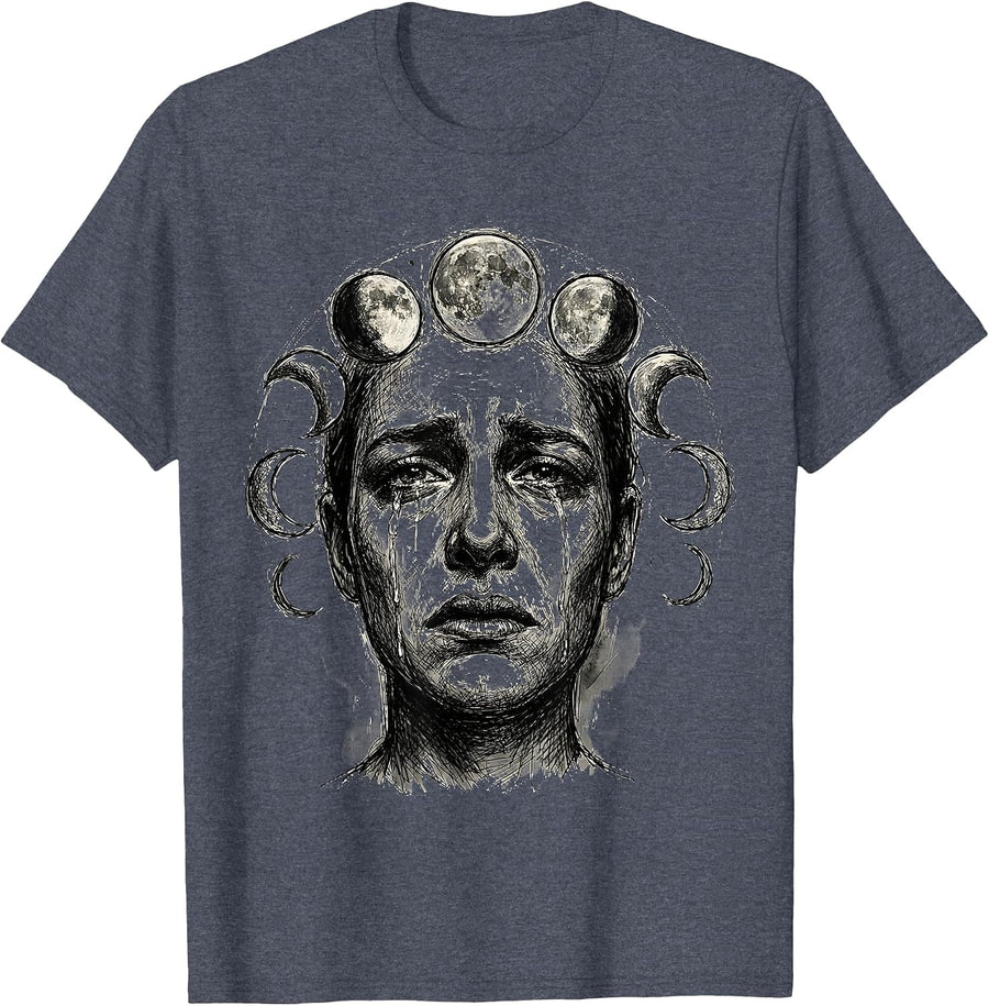 Moon Phases Weeping Portrait Emo Graphic Tee T-Shirt - Heather Blue