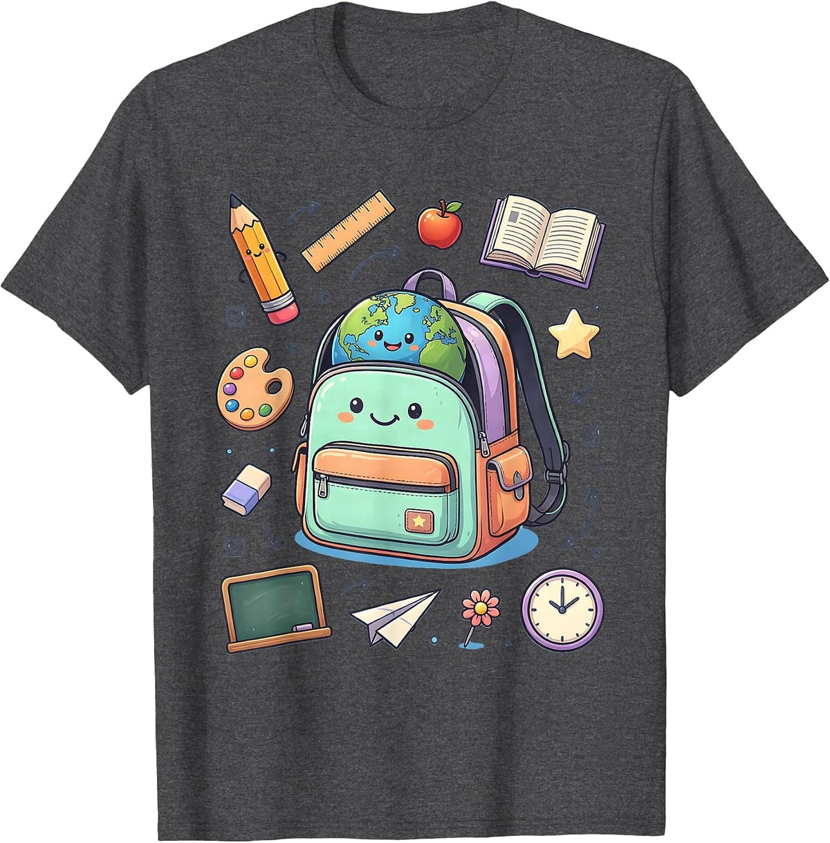 Third Grade Teacher Globe Schoolbag Graphic T-Shirt - Dark Heather Grey