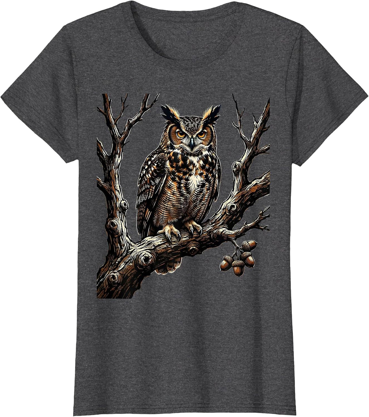 Women's Owl on Bare Oak Branch Fall Nature Illustration T-Shirt - Dark Heather Grey