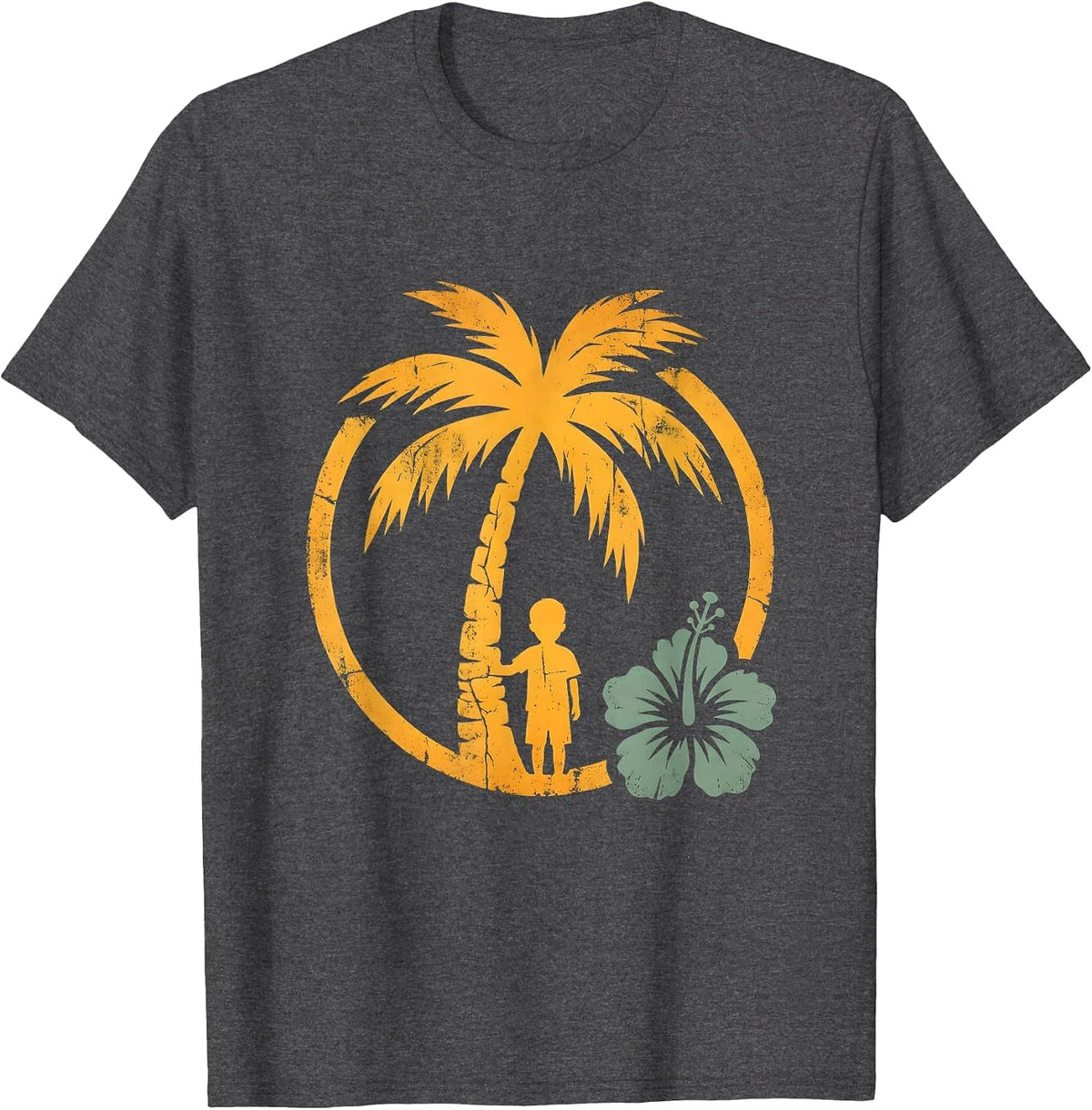 Boy Climbing Coconut Palm Tree Hawaiian T-Shirt - Dark Heather Grey