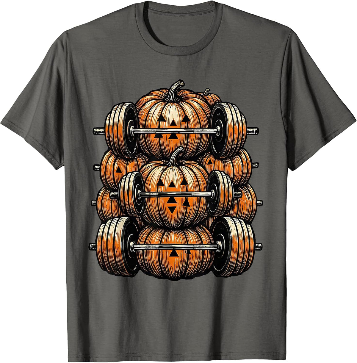 Men's Pumpkin Weightlifting Linocut Halloween Gym Workout T-Shirt - Asphalt Grey