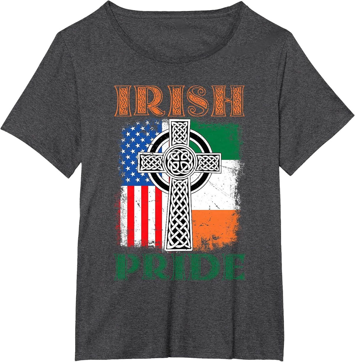 Irish Pride Celtic Cross Ireland & USA Flag St Patricks Day T-Shirt - Dark Heather Grey