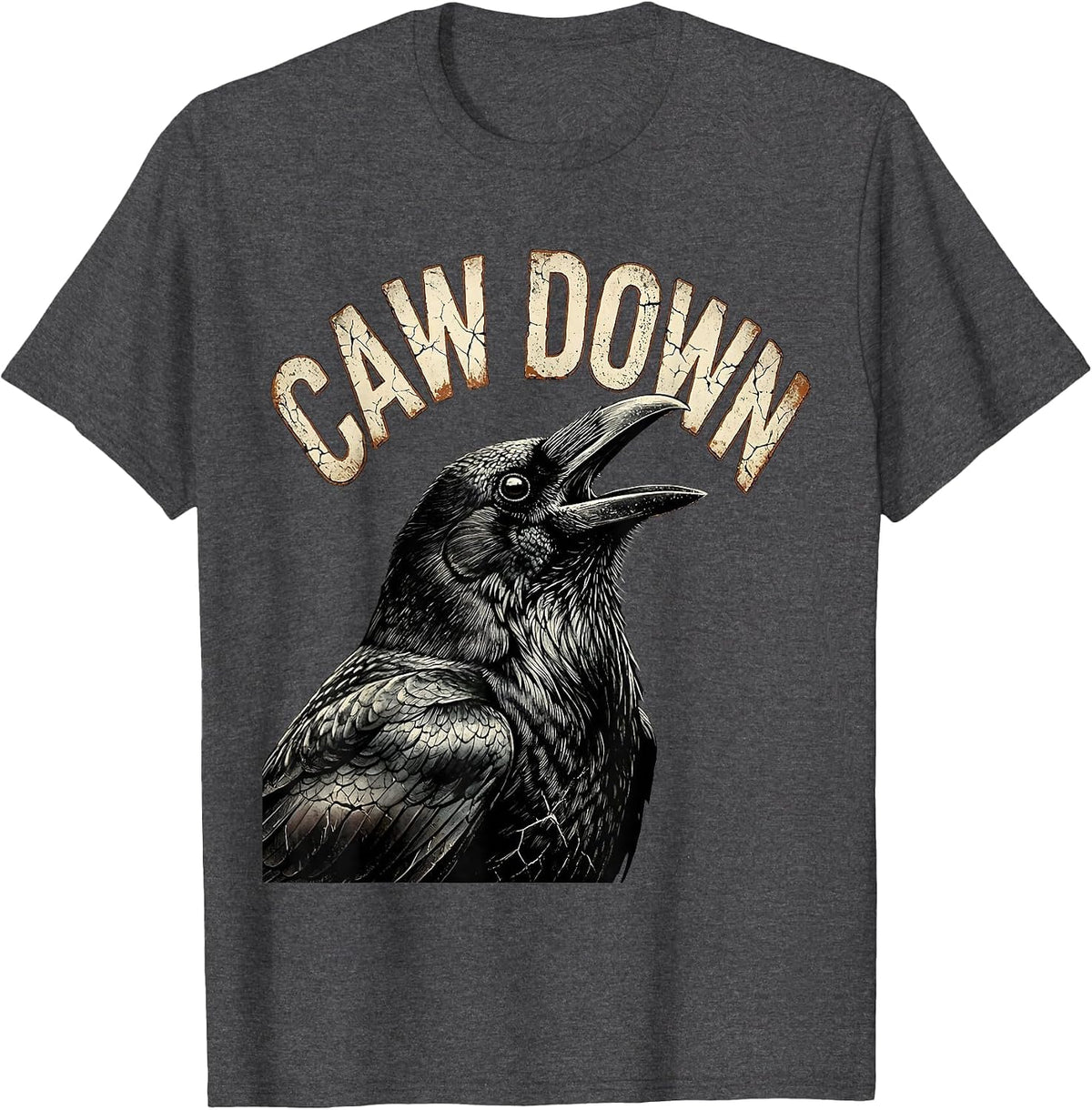Caw Down Distressed Crow Gothic Bird Pun Humor T-Shirt - Dark Heather Grey