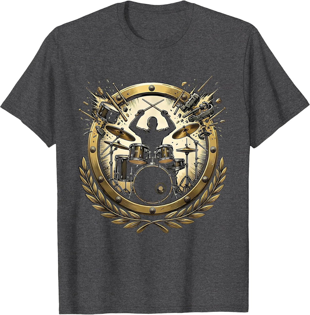 Men's Exploding Drum Kit Rock Band Drummer Illustration T-Shirt - Dark Heather Grey