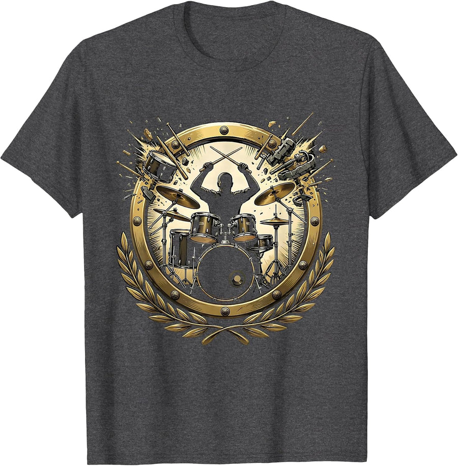 Men's Exploding Drum Kit Rock Band Drummer Illustration T-Shirt - Dark Heather Grey