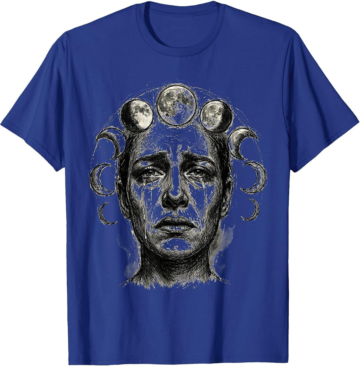 Moon Phases Weeping Portrait Emo Graphic Tee T-Shirt - Royal Blue