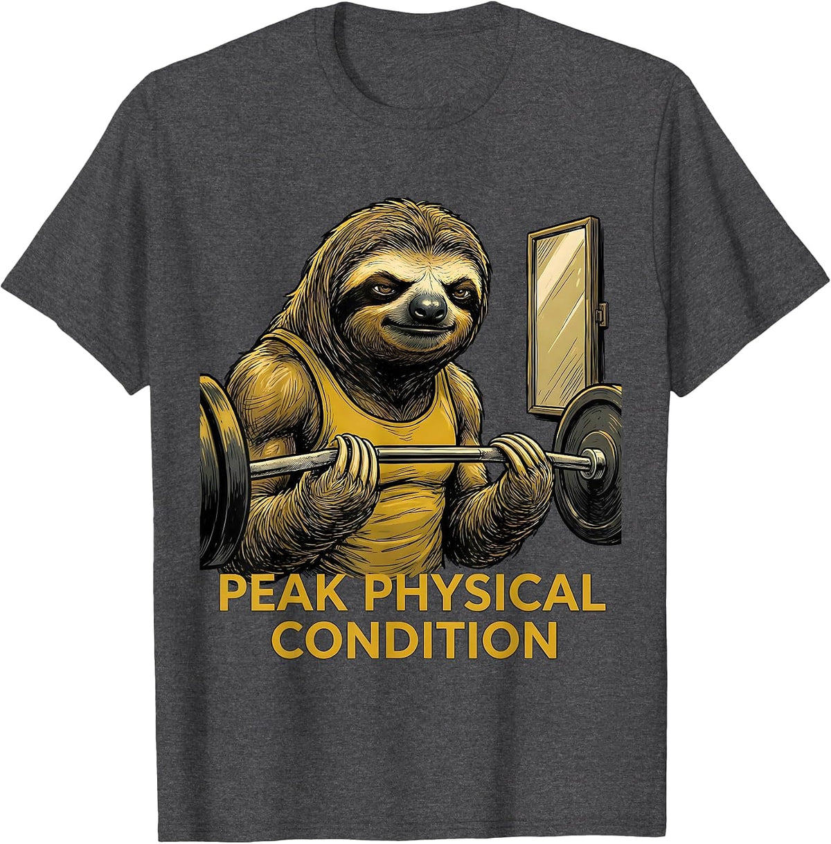 Men's Peak Physical Condition Funny Gym Sloth Weightlifting Humor T-Shirt - Dark Heather Grey
