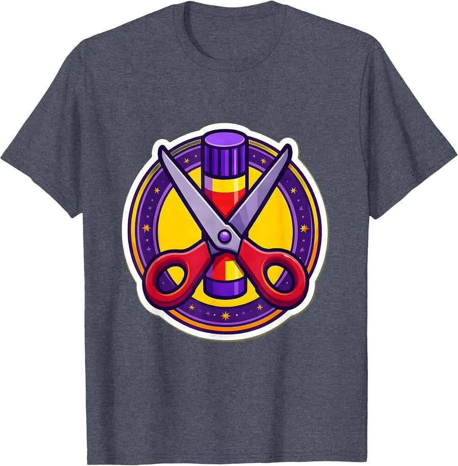 First Grade Teacher Glue Stick Scissors Graphic T-Shirt - Heather Blue