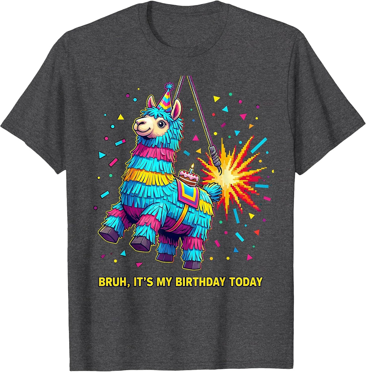 Men's Bruh It's My Birthday Today Funny Llama Piñata Gamer Party T-Shirt - Dark Heather Grey
