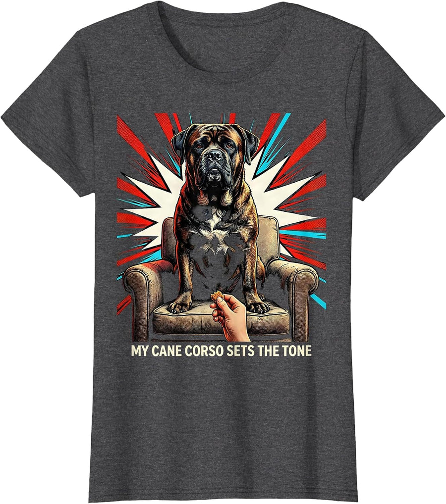 Women's My Cane Corso Sets The Tone Pop Art Dog Owner Humor T-Shirt - Dark Heather Grey