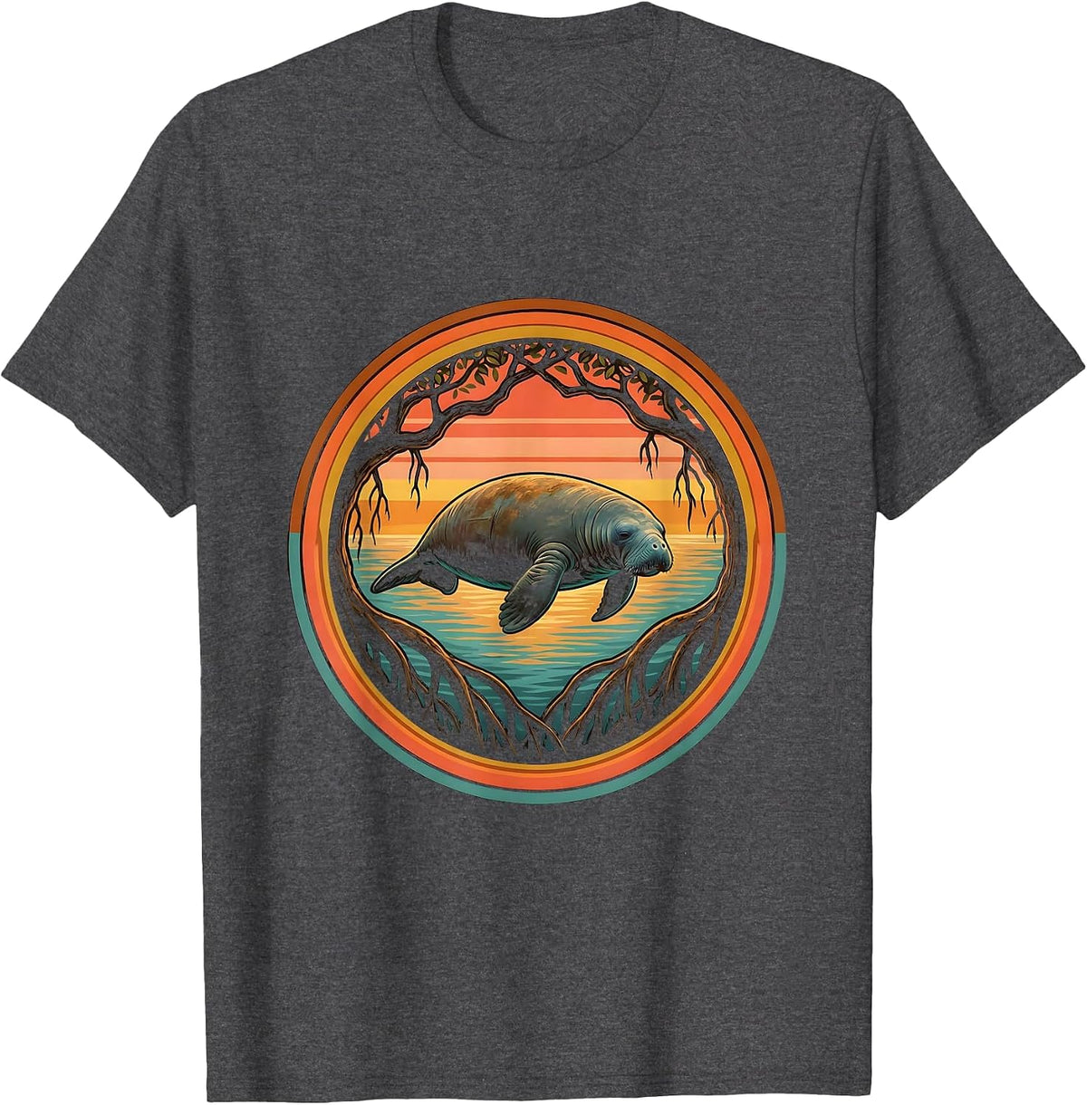 Dominican Republic Manatee Mangrove Illustration T-Shirt - Dark Heather Grey