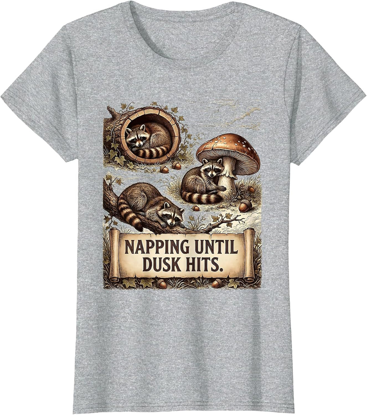 Women's Raccoon Napping Until Dusk Hits Design T-Shirt - Heather Grey