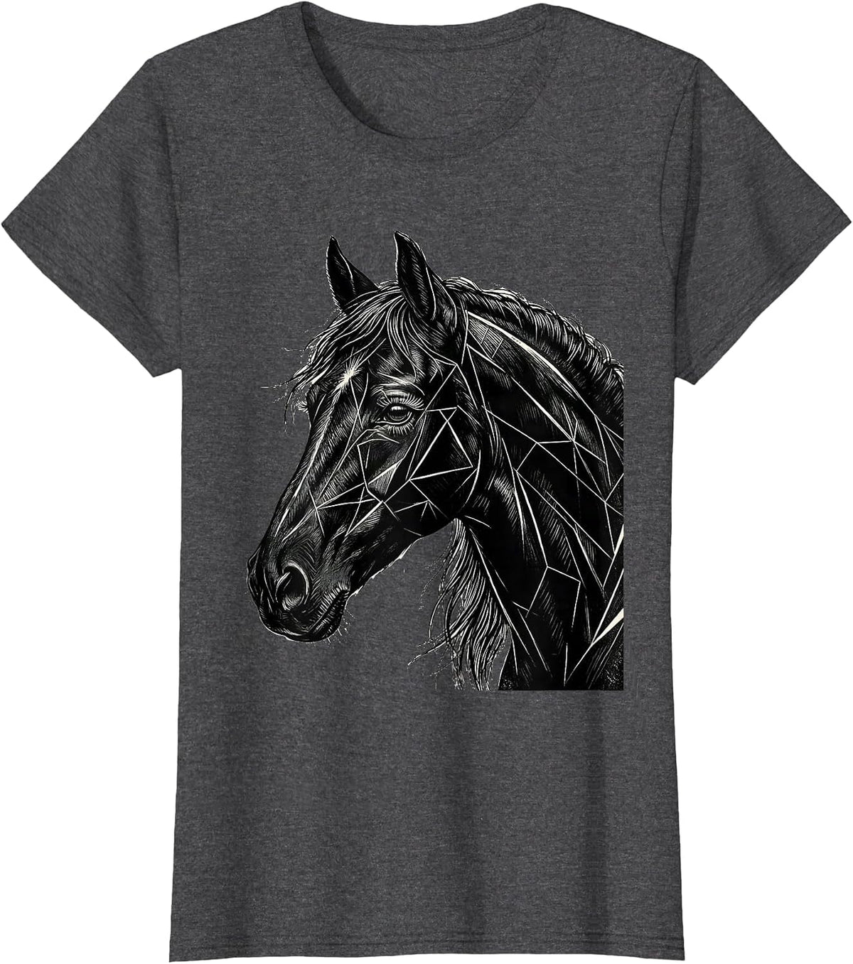 Women's Geometric Horse Head Profile Linework Art T-Shirt - Dark Heather Grey