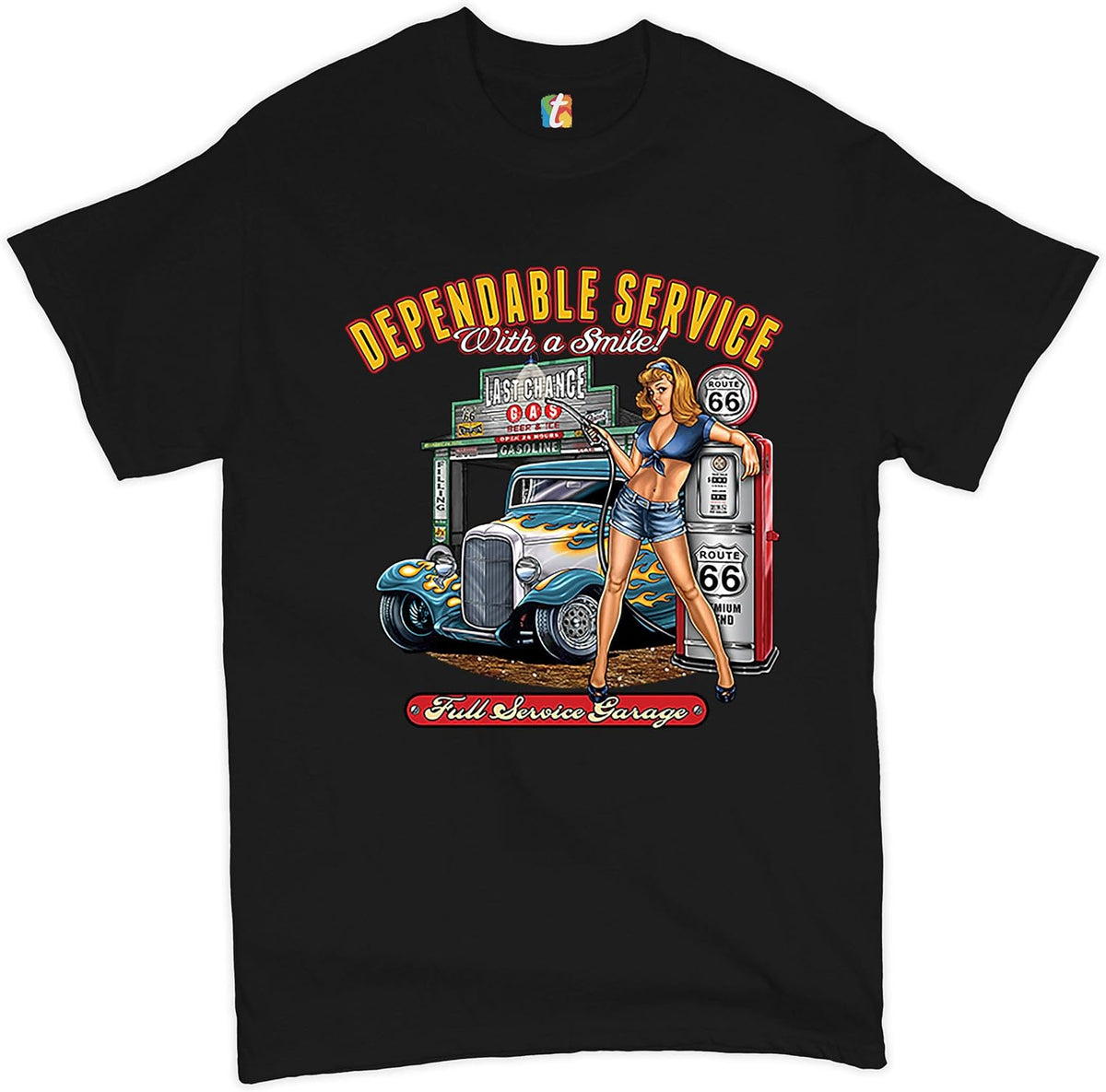 Dependable Service T-Shirt Route 66 Hot Rod Full Service Garage Men's Tee - Black
