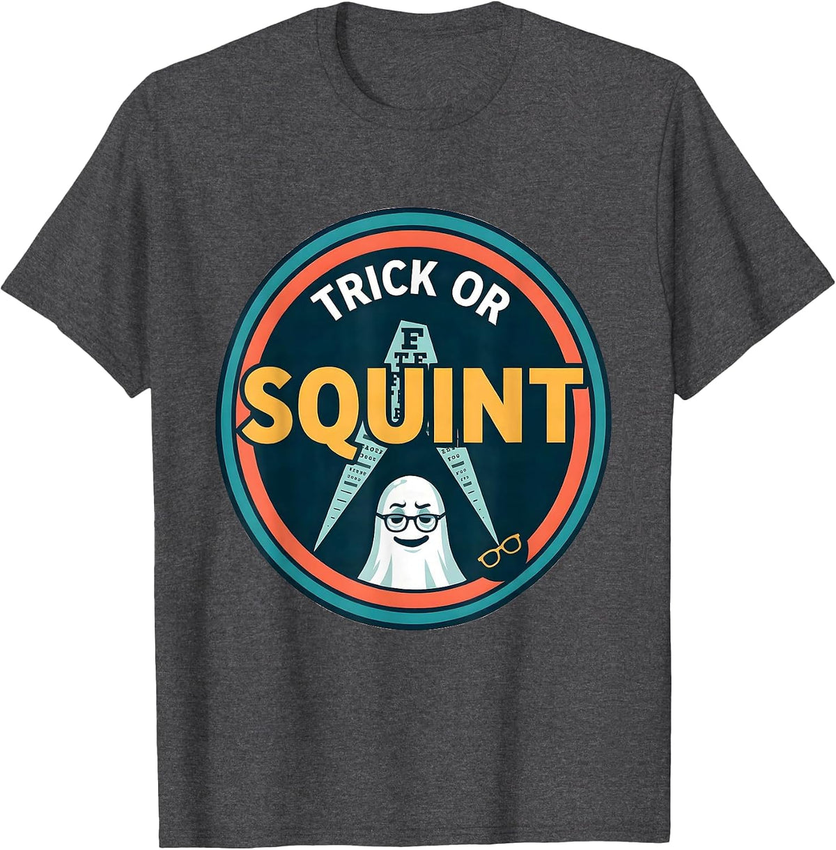 Men's Trick Or Squint Funny Optometrist Halloween Boo Crew Costume T-Shirt - Dark Heather Grey