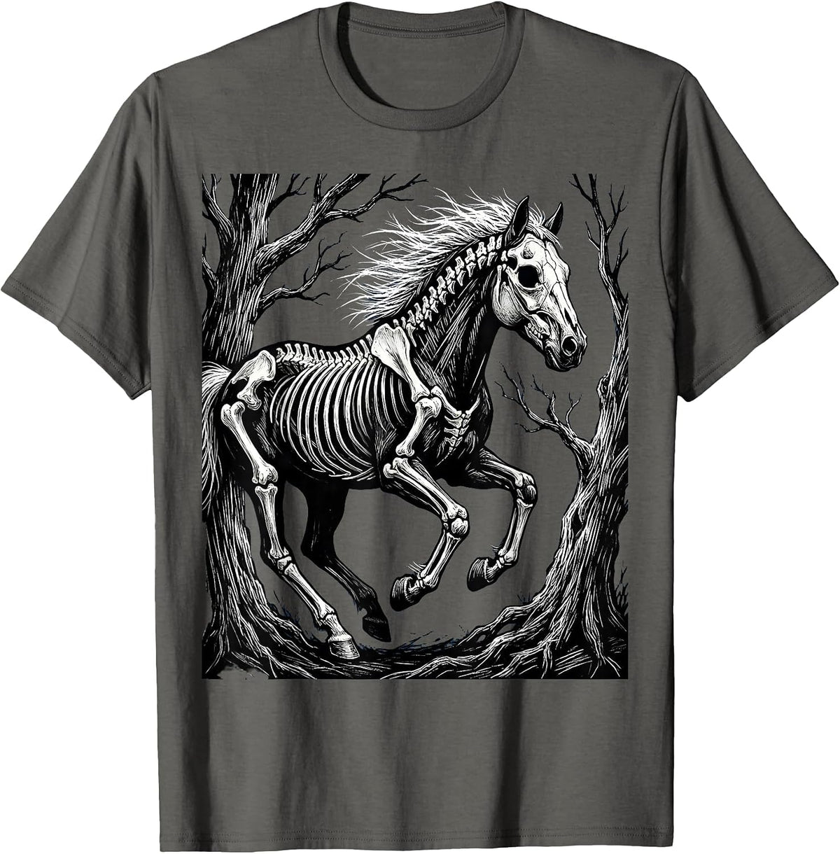 Skeleton Horse Running Through Dark Forest T-Shirt - Asphalt Grey