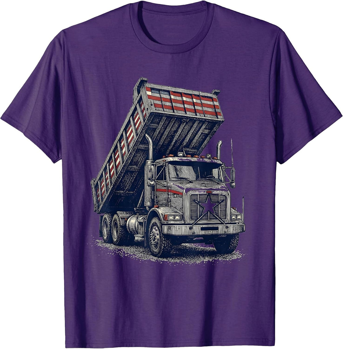 Men's Heavy Dump Truck Crosshatch Etching Patriotic Driver T-Shirt - Purple