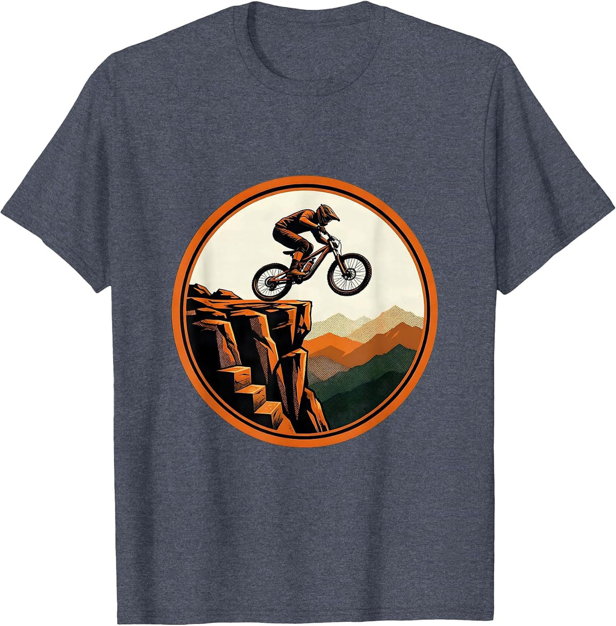 Downhill Biker Rocky Cliff Launch Graphic T-Shirt - Heather Blue