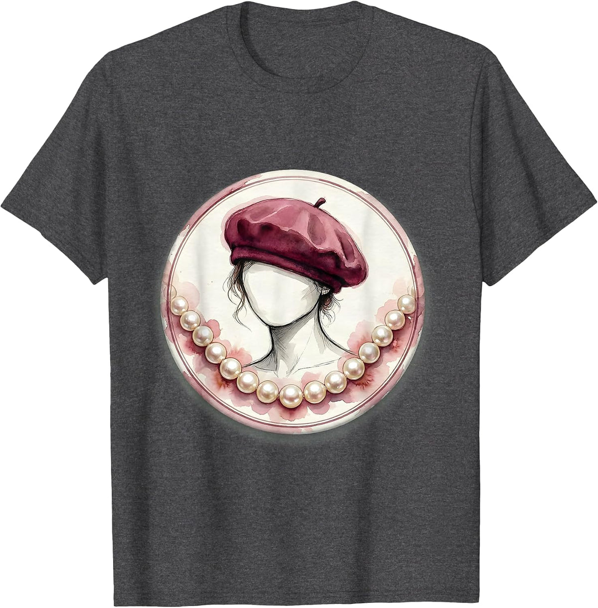 Gigi Chic Beret and Pearl Necklace Illustration T-Shirt - Dark Heather Grey
