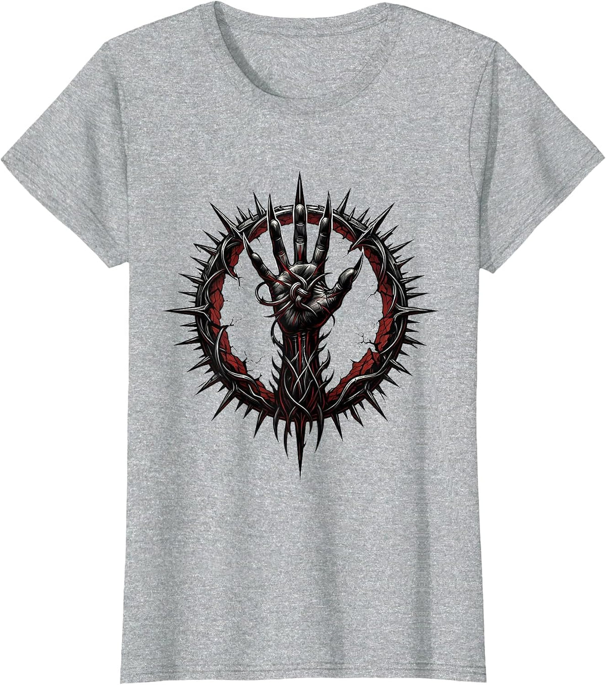 Demon Hand Emerging From Cracked Earth Rock Graphic T-Shirt - Heather Grey