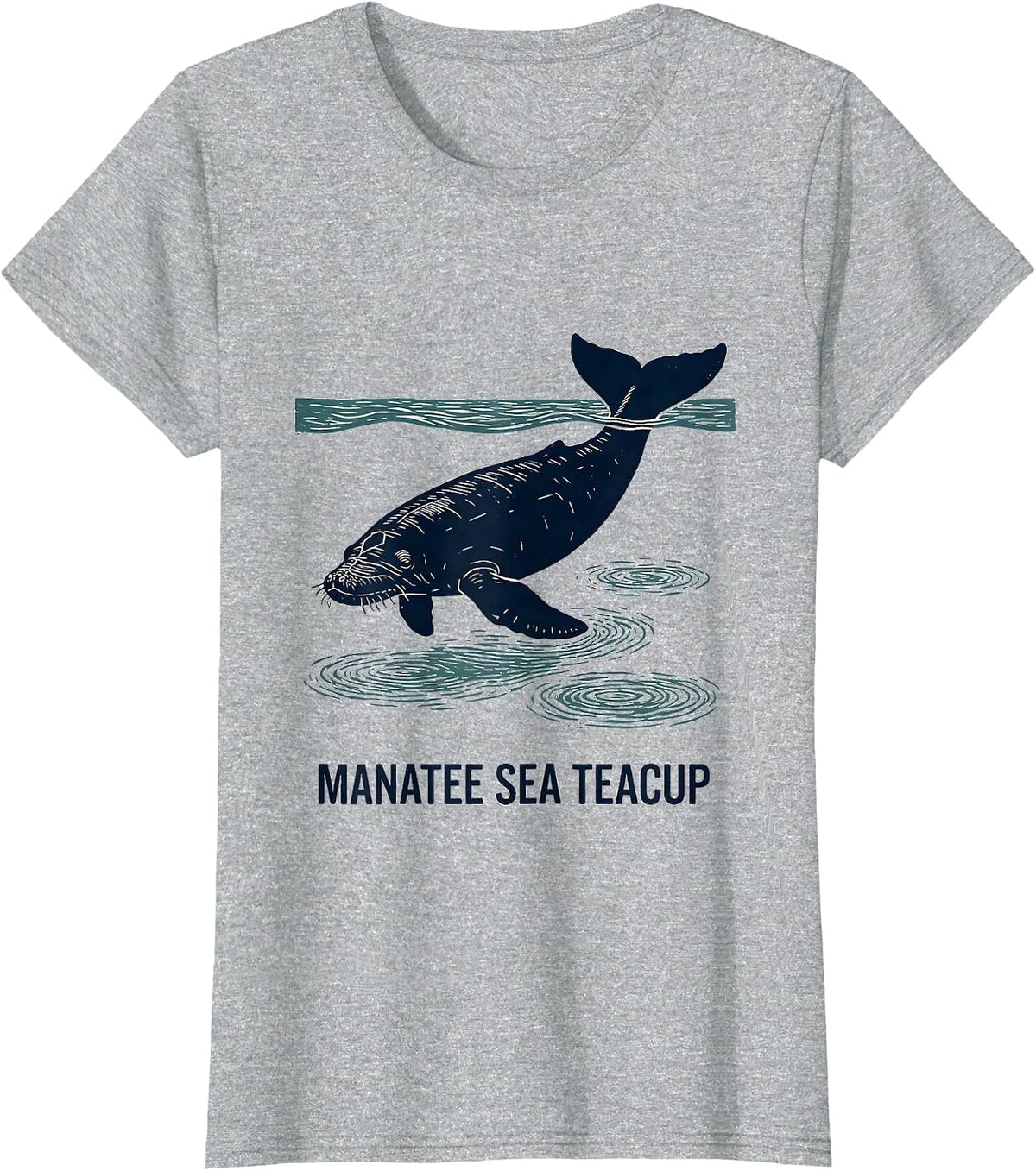 Manatee Sea Teacup Linocut Funny Sea Animal Lover T-Shirt - Heather Grey