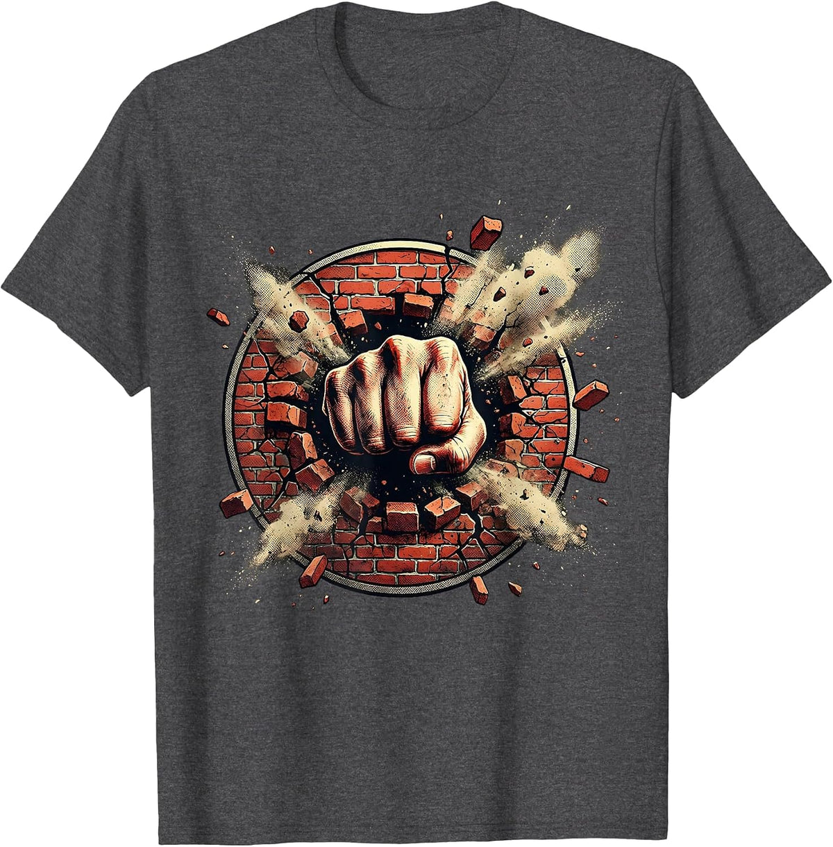 Grunge Fist Through Brick Wall Graphic Tee T-Shirt - Dark Heather Grey