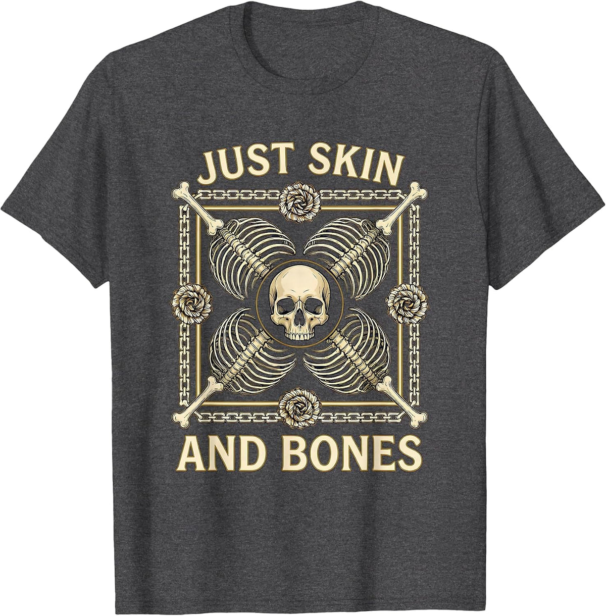 Just Skin and Bones Edgy Graphic Design T-Shirt - Dark Heather Grey