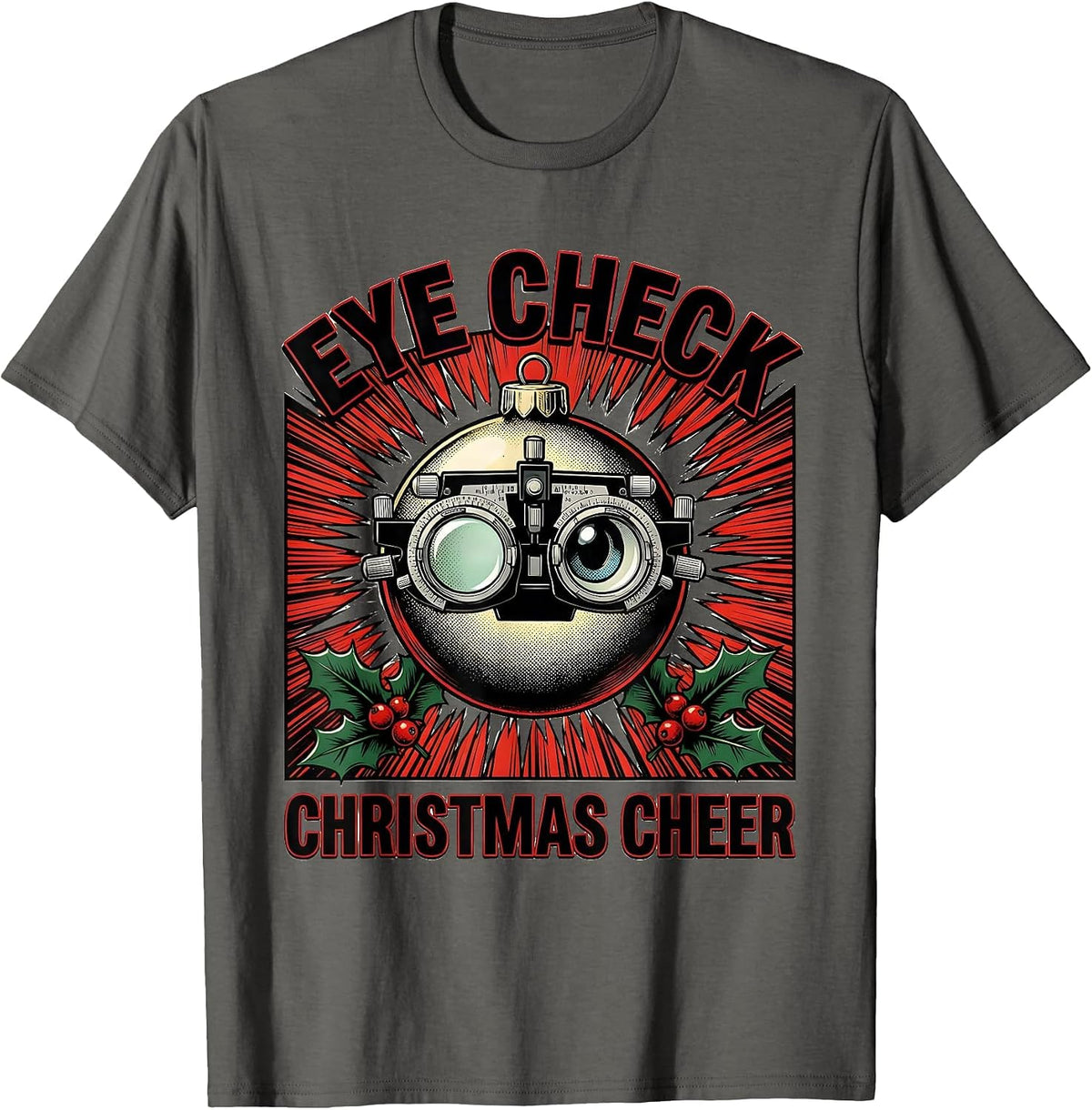 Men's Eye Check Christmas Cheer Comic Book Optometrist Eye Exam T-Shirt - Asphalt Grey