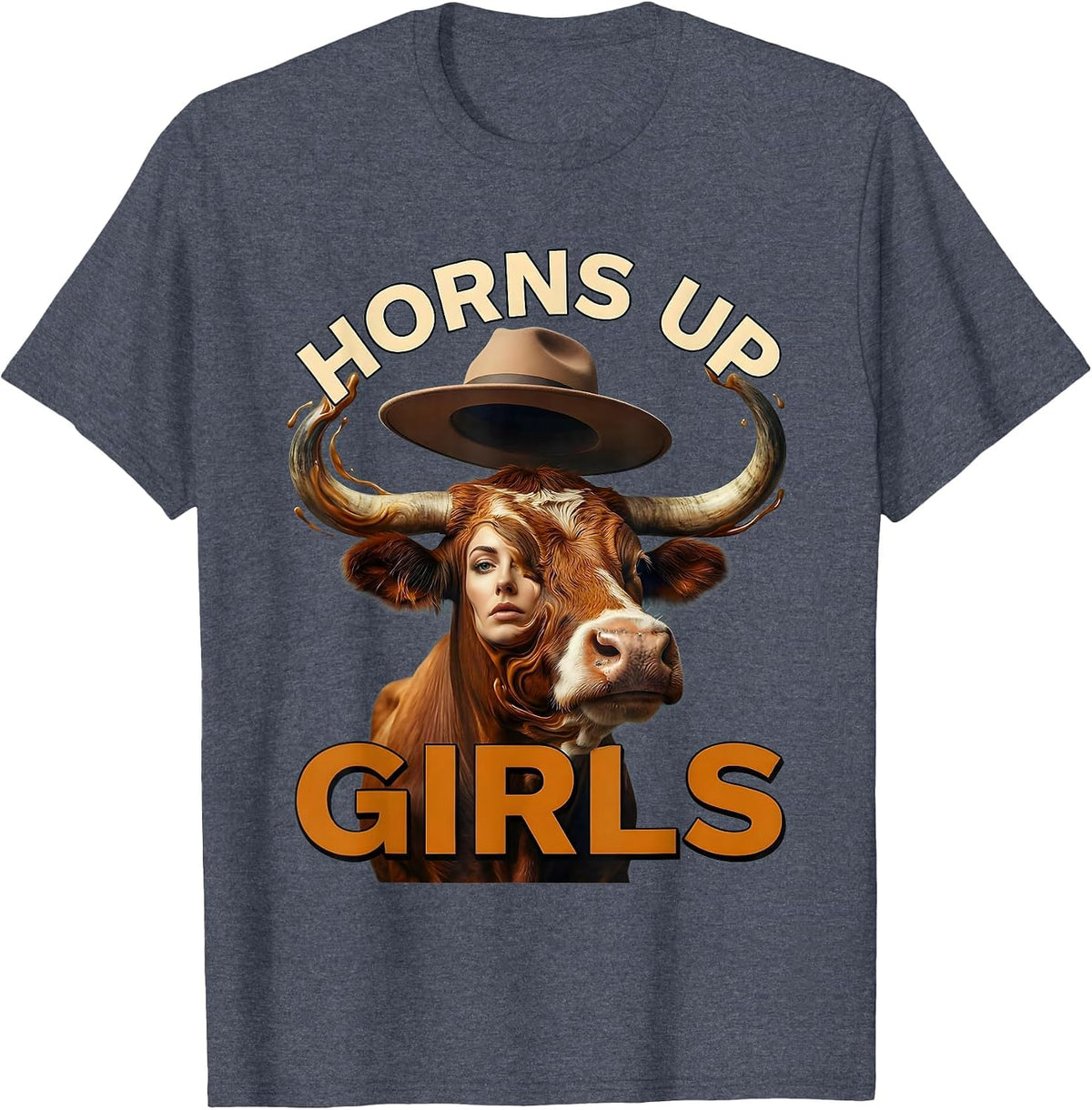 Horns Up Girls Cow Lover Graphic Design T-Shirt - Heather Blue