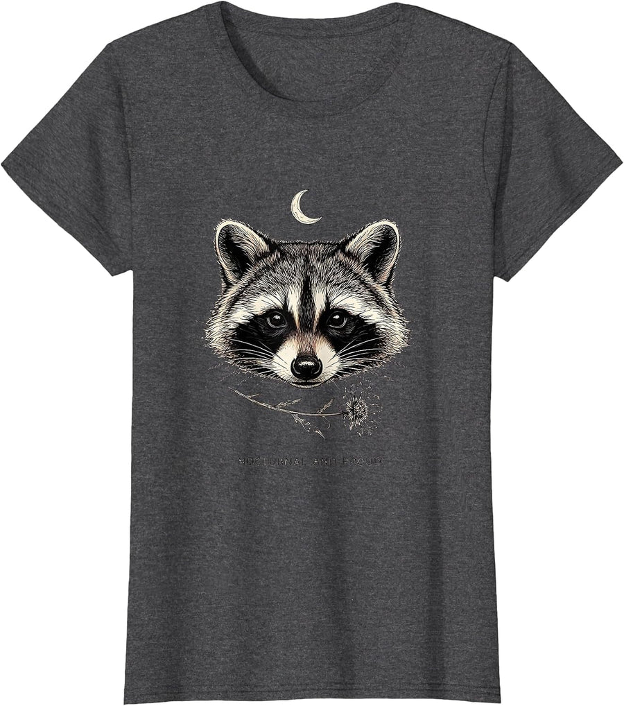 Women's Nocturnal and Proud Raccoon Design T-Shirt - Dark Heather Grey