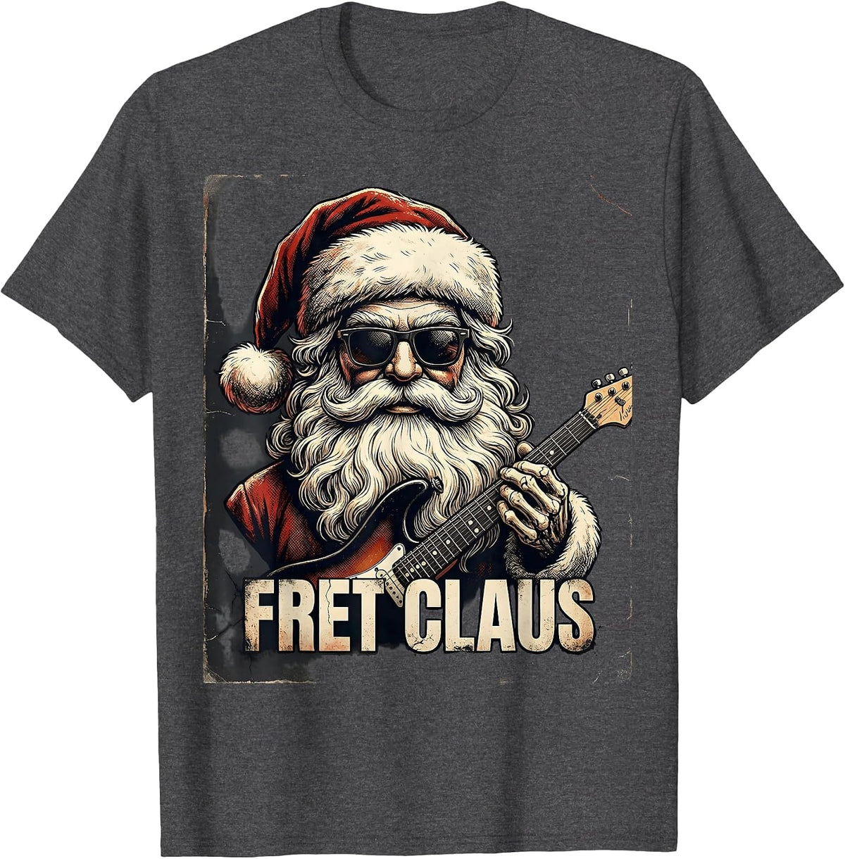 Fret Claus Distressed Heavy Metal Rock Christmas Humor T-Shirt - Dark Heather Grey