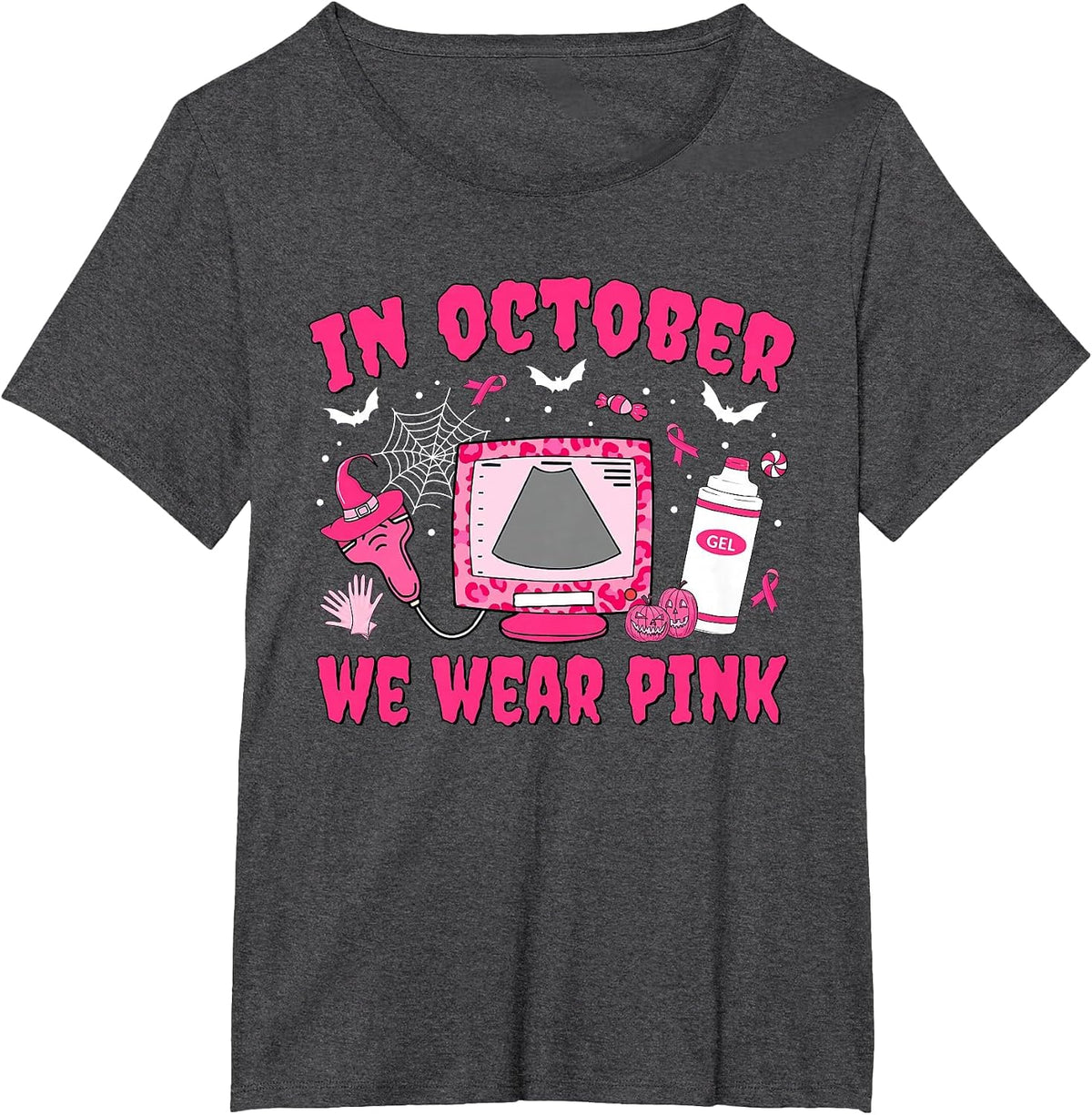 in October We Wear Pink Sonographer Leopard Breast Cancer T-Shirt - Dark Heather Grey
