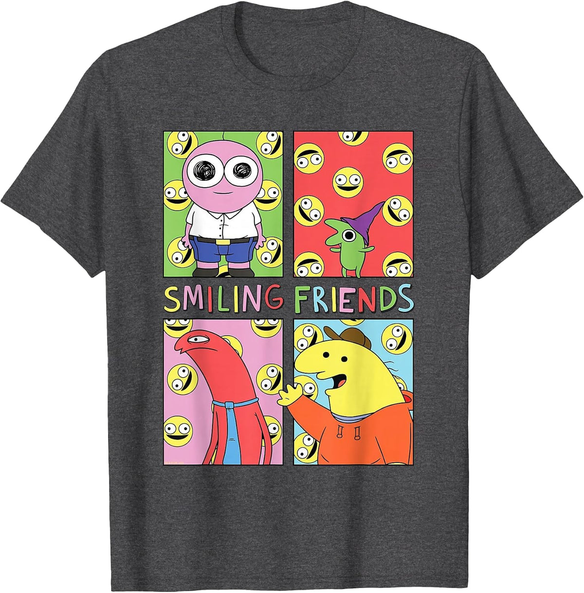 Smiling Friends Pop Art Character Grid Funny Cartoon T-Shirt - Dark Heather Grey