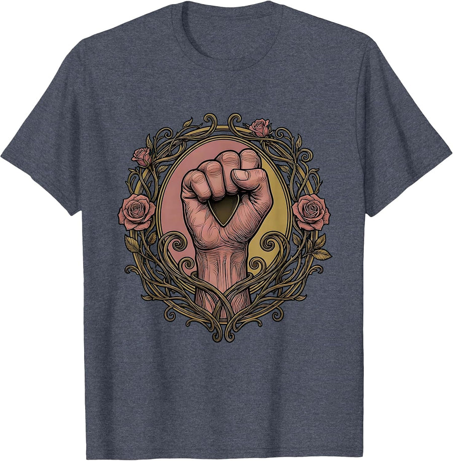 Raised Fist Guitar Pick Rock Music Graphic T-Shirt - Heather Blue