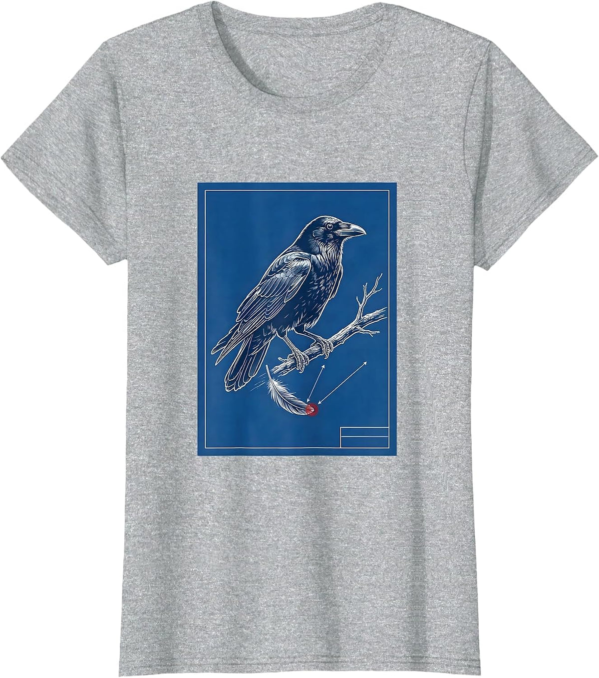 Women's Perched Crow Technical Blueprint Dark Humor Gothic T-Shirt - Heather Grey