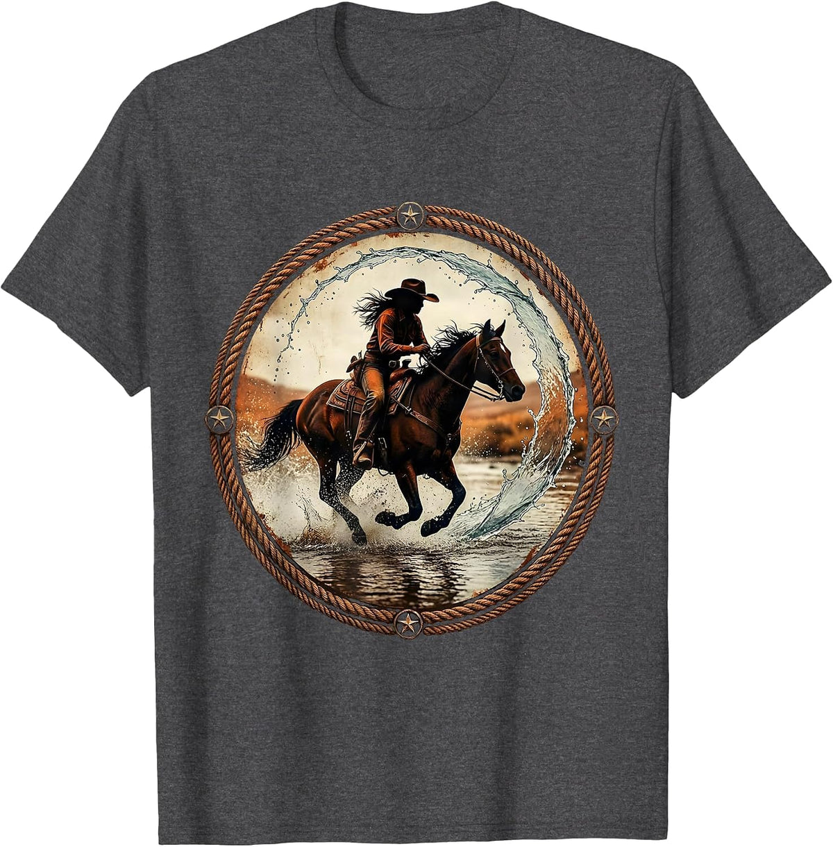 Cowgirl Riding Horse Through River Splash T-Shirt - Dark Heather Grey