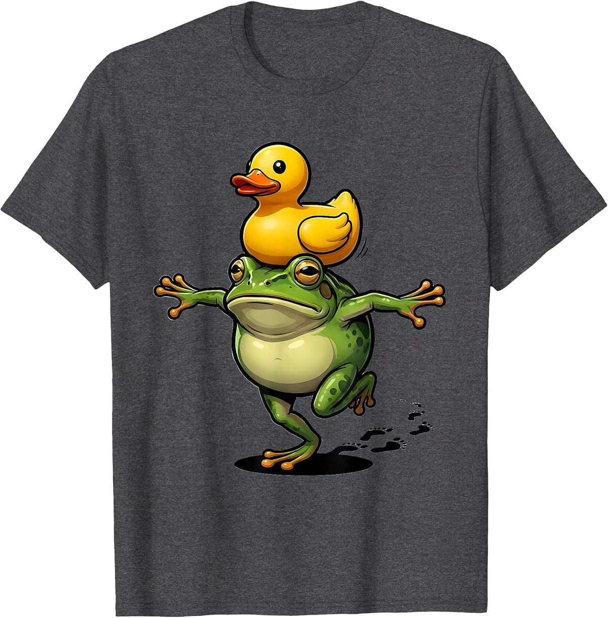Solemn Frog With Rubber Duck Meme Humor T-Shirt - Dark Heather Grey