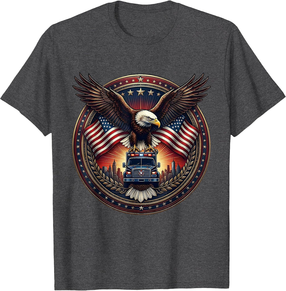 EMT Ambulance City Skyline Sunset Silhouette T-Shirt - Dark Heather Grey