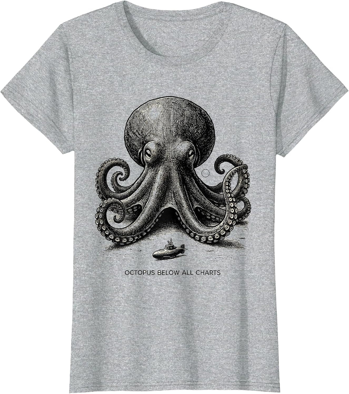 Octopus Below All Charts Monochromatic Ocean Animal Lover T-Shirt - Heather Grey
