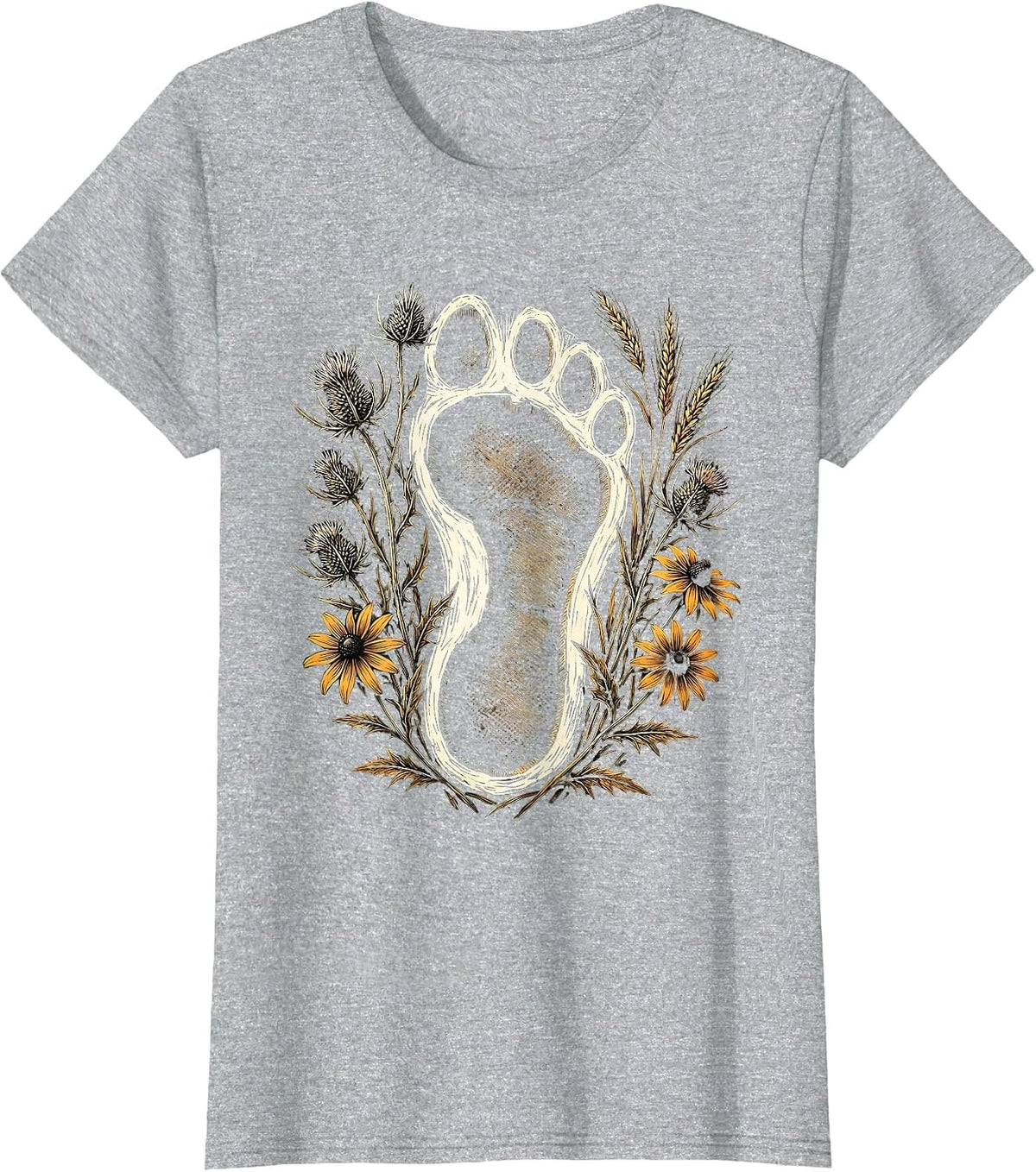 Horse Hoof Print Wildflower Floral Illustration T-Shirt - Heather Grey
