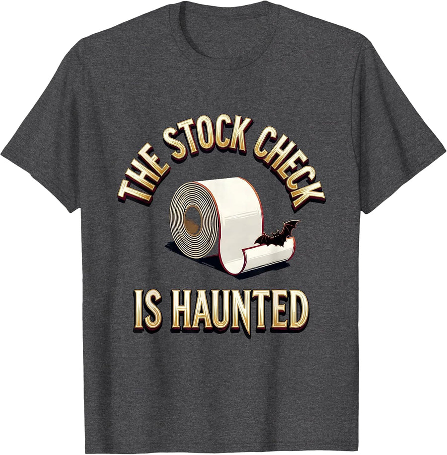 Men's The Stock Check Is Haunted Funny Pharmacy Tech Halloween T-Shirt - Dark Heather Grey