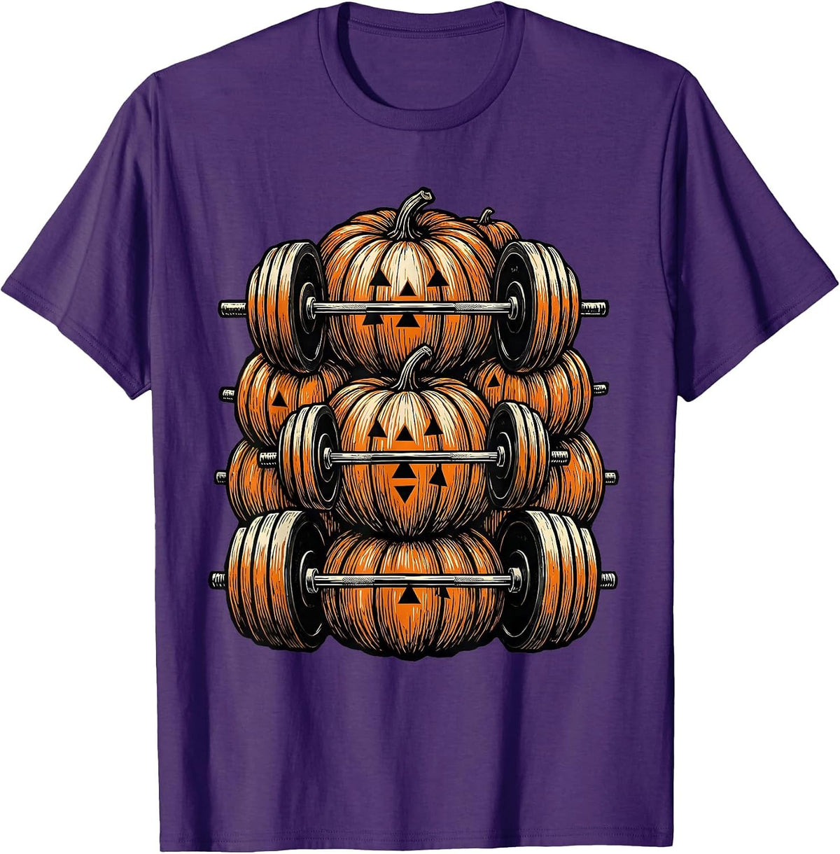 Men's Pumpkin Weightlifting Linocut Halloween Gym Workout T-Shirt - Purple